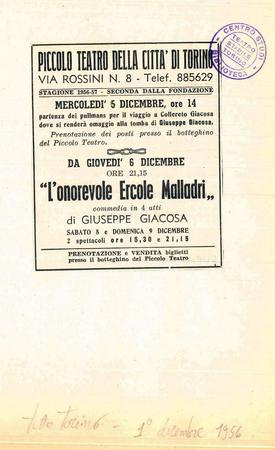 Tutto Torino, 1 dicembre 1956
Annuncio della commemorazione alla tomba di Giuseppe Giacosa a Colleretto Giacosa