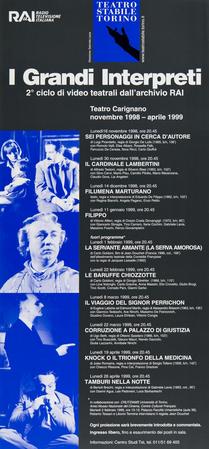 Locandina I grandi Interpreti. 2° ciclo di video teatrali dall'archivio RAI, Teatro Carignano, novembre 1998-aprile 1999