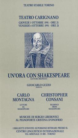 Locandina Un'ora con Shakespeare (lettura bilingue), Teatro Carignano, 3-4 ottobre 1991