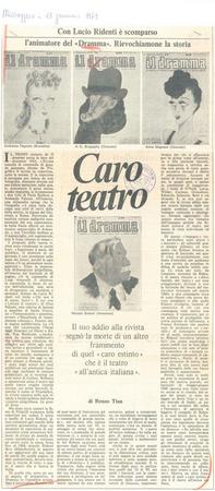 Il Messaggero - Roma, 18 gennaio 1973, articolo di Renzo Tian che rievoca la storia della rivista Il Dramma