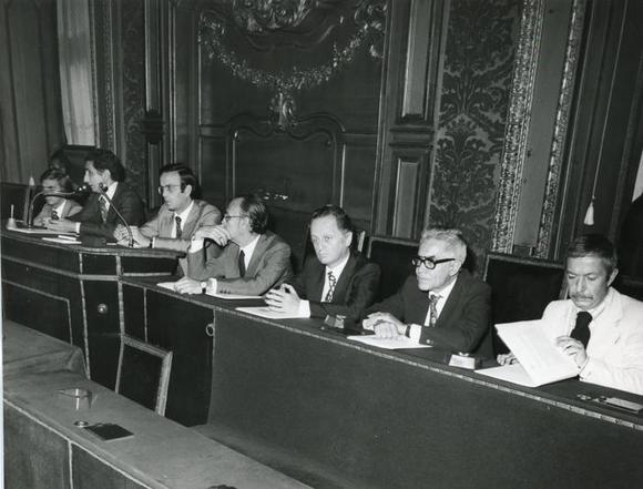 da sinistra Diego Novelli, Rolando Picchioni, Aldo Trionfo, Giorgio Balmas, ?, Mario Missiroli