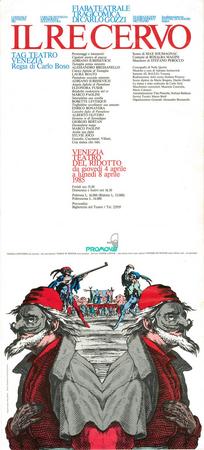Il Re Cervo (1985). Fiaba teatrale tragicomica di Carlo Gozzi, regia di Carlo Boso, al Teatro del Ridotto di Venezia. Produzione: TAG Teatro Venezia - Locandina