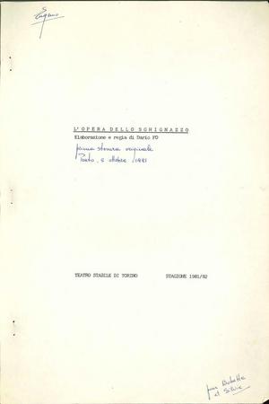 L'opera dello sghignazzo - Copione prima stesura originale, 05/10/1981, Prato