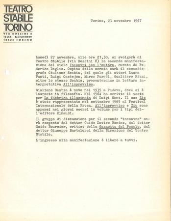 Comunicato stampa TST del 23 novembre 1967 su All'improvviso