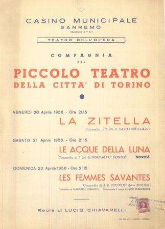 Locandina tournée San Remo con La zitella, Le acque della luna, Les femmes savantes